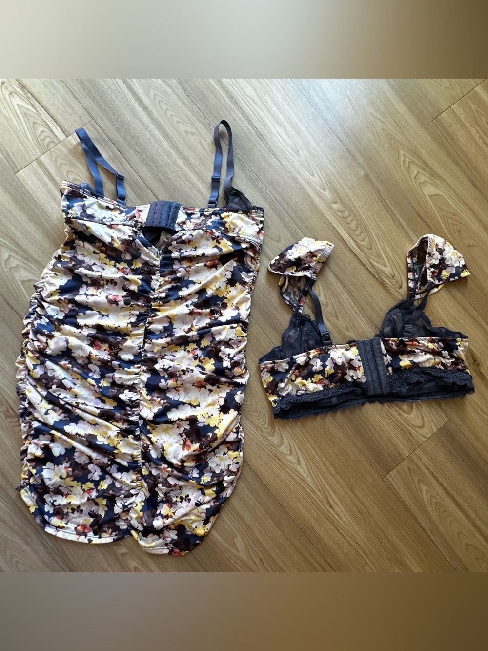 Torrid Floral Ruched Satin Slip Dress with Lace Bra Set - Multi - Picture 2 of 5